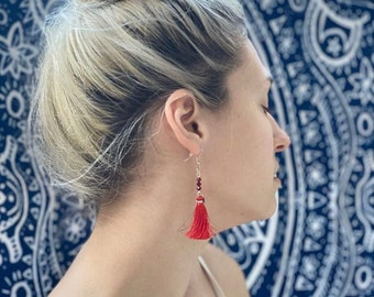 Handmade Red Swarovski Crystal Dangle Earrings – Embroidered Tassel
