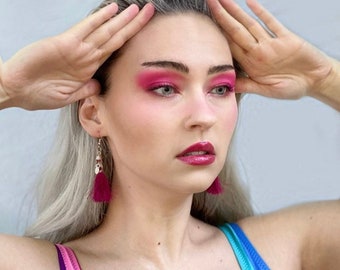 Hot Pink Swarovski Crystal Dangle Earrings – Handmade Embroidery