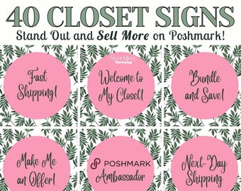 40 Poshmark Closet Signs, Pink Green Tropical Eucalyptus // Instant Digital Download, Poshmark Seller Tools, Poshmark Signs, Poshmark Banner