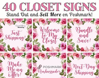 Poshmark Closet Signs, Watercolor Floral Pink Red Rose // Poshmark Reseller, Poshmark Template, Poshmark Signs, Poshmark Banner, Poshmark