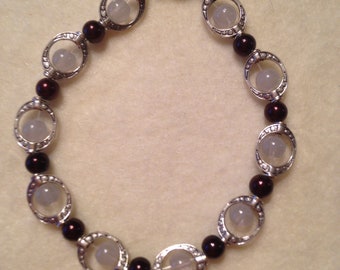 Burgandy & Cream Silver tone bracelet