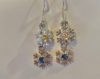 Silver tone Snowflake Earrings with Crystal Accent