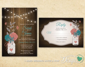 Rustic Wedding Invitation Set with Floral Mason Jar, DIY Printable, Custom Colours