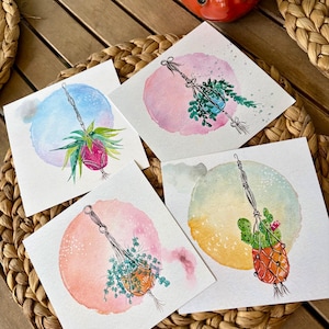 Hanging Planters Plant Art Prints - 6x6 Matte Watercolor Print - Mini Painting - Matte uncoated paper flower foliage art. Cactus, pothos.