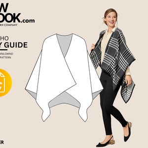 May include: A sewing pattern for a poncho, with the text "PONCHO EASY GUIDE" and "BEGINNER". The image shows a woman wearing a black and white plaid poncho. The pattern includes a PDF download option.