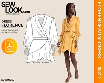 May include: A digital illustration of a wrap dress with long sleeves and a ruffled hem. The dress is shown in a yellow color. The text "FLORENCE MINI DRESS SL014" is on the right side of the image.