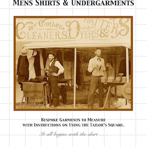 May include: Sepia-toned image of a vintage advertisement for Harry Simons Drafting, featuring a tailor shop scene. Text includes "MENS SHIRTS & UNDERGARMENTS" and "BESPOKE GARMENTS TO MEASURE." The shop has a sign that reads "Clothes Cleaners Dyers & Hatters."