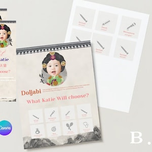 Paquete de evento Doljabi personalizado, tablero Doljabi, etiqueta de tarro, primer cumpleaños coreano, Doljanchi, primer cumpleaños coreano, 돌잡이, editable en Canva