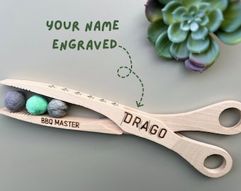 Personalized BBQ Scissor Tongs - Custom Name & Design | Wooden Grill Clips for Meat, Veggies and Fish