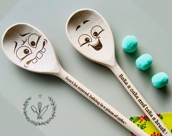 Set of 2 Engraved Wooden Spoons with Face, Custom Funny Phrase Spoon For Family & Friends, Housewarming Gift, Gift For Baking Enthusiasts