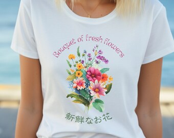 T-Shirt „Bouquet of fresh flowers“ with Japanese translation, regular fit premium crewneck shirt, graphic flowery herb print,real fake plant