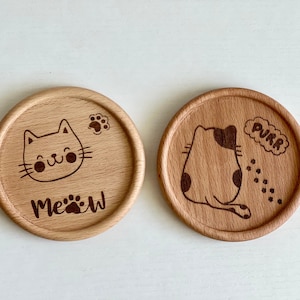 Japan-Style Cat Wooden Coasters - Set of 2 pcs, Kitten Lover Gift, Tabby Domestic Cat Paws, Cute Cat Decor, Cool Gifts for Cat Lovers