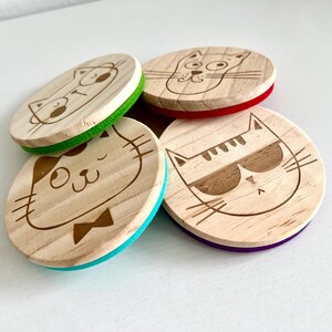 Set of 4 Smart Cats Wooden Felt Coasters, perfect kitten lover gift, cool cat decor, durable, eco-friendly, and stylish home accessory