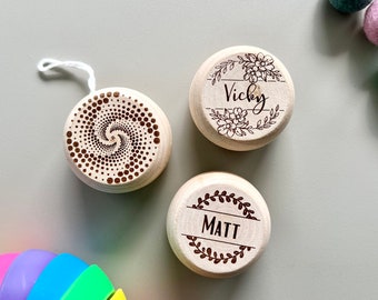 Personalized Wooden Yo-Yo with Custom Name & Spiral Design- Eco-Friendly Toy for Indoor and Outdoor Play - Front and Back Side Engraved