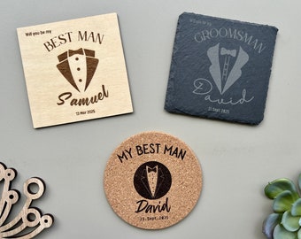 Groomsmen Best Man Proposal Coaster - Custom Wedding Invitation, Bachelor Party Favor, Personalized Wooden/Cork/Slate Coaster, Unique Invite