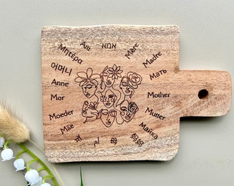 Wooden Coaster „Mother“ in 18 different languages, in the shape of a mini cutting board, stay at home mom, mothersday gift