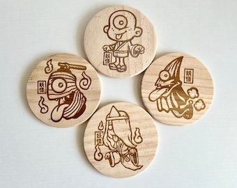 Yokai Wooden Coasters: Japanese Folklore Decor, Set of 4