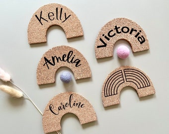 Personalized Cork Name Tags: Wedding, Baby Shower, Birthdays - Double-sided Engraved Rainbow Shape for Unique Celebrations