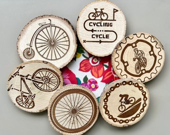 Bike Theme Wooden Coasters with Bark, Set of 6 pcs, 5th wedding anniversary gift, Mountain Bike Art for Enthusiasts, 6th anniversary present