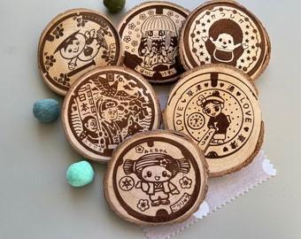 Japanese Manhole Covers Wooden Coasters, Set of 6 pcs, Natural Sustainable Wood, New Home Gift
