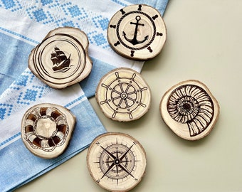 Nautical Theme Wooden Coasters, Set of 6 pcs, 5th wedding anniversary gift, 6th anniversary present, Sea Shell, Compass, Shipping Wheel