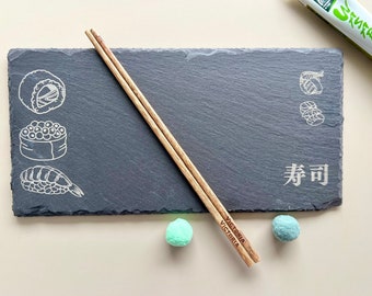 Sushi Serving Plate & Personalized Pair of Chopsticks, Slate Rectangle Design Tray for Nigiri, Maki Rolled Sushi, Ikura, Onigiri, Sashimi