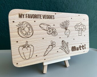 Planche de petit-déjeuner personnalisée avec nom et phrase personnalisée « Mes légumes préférés », fruits et légumes pour les enfants