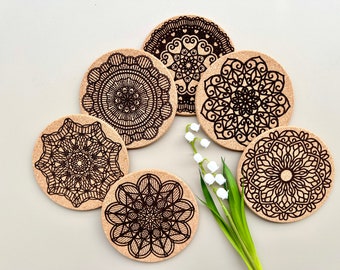 Crochet Pattern Cork Coasters, Set of 6 pcs, 7th wedding anniversary gift, natural sustainable material, New Home Gift