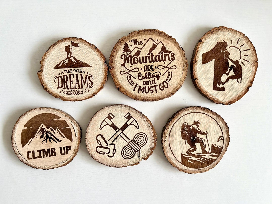 Hiking Climbing Theme Wooden Coasters With Bark, Set of 6 Pcs, 5th ...