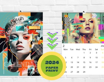 Glitch Collage Wall Calendar 2024, Female Beautiful Face, Color Block, Retro wave, Start any month, Modern planner, Fresh annual beginning