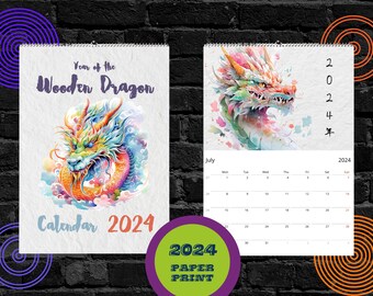 Calendrier 2024 de l'année du dragon en bois, aquarelle japonaise, aperçu sur 12 mois, culture chinoise, art à l'encre de chine, amphiptère oriental