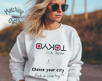 Tokyo Japan sweatshirt, „Choose your city“ jumper, unisex minimalist style sweater, graphic crewneck shirt, Japanese kanji katakana hoodie