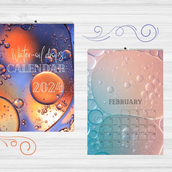 Water-oil drops calendar 2024, liquid bubbles on surface, 12 months overview, year of the wooden dragon, eccentric decor, macro photography