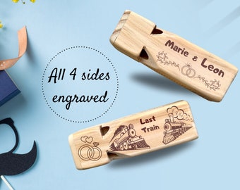 Wooden Whistle „Last Train“ with Custom Bride and Groom Name - Eco-Friendly Funny Party Favor for Wedding, Engagement - All 4 Sides Engraved