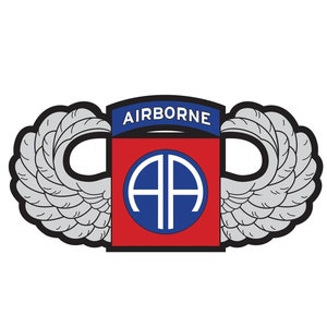 May include: A red, white, and blue military patch with the words "AIRBORNE" and a blue circle with the letters "AA" inside. The patch is surrounded by two gray wings.