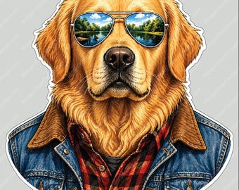 Cool Golden Retriever Sticker | Aviator Sunglasses Dog Decal | Outdoor Vinyl Sticker | Laptop Water Bottle Car Decal | Golden Retriever Gift