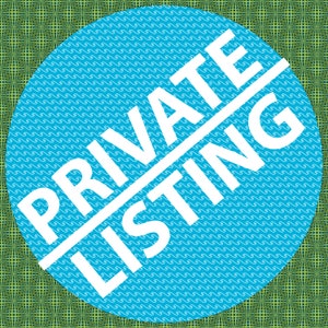 May include: A blue circle with a white wave pattern background and the words "PRIVATE LISTING" written diagonally across it.