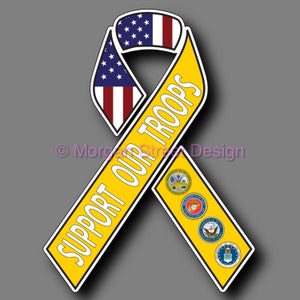 May include: Yellow ribbon with the words "Support Our Troops" printed on it. The ribbon is decorated with an American flag and the seals of the U.S. Army, Navy, Marines, and Air Force.