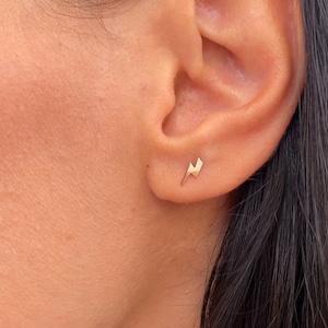 14K Solid Gold Lightning Bolt Earrings, Minimalist Studs, Dainty Lightning Jewelry, Lightning Charm