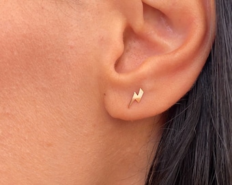 14K Solid Gold Lightning Bolt Earrings, Minimalist Studs, Dainty Lightning Jewelry, Lightning Charm