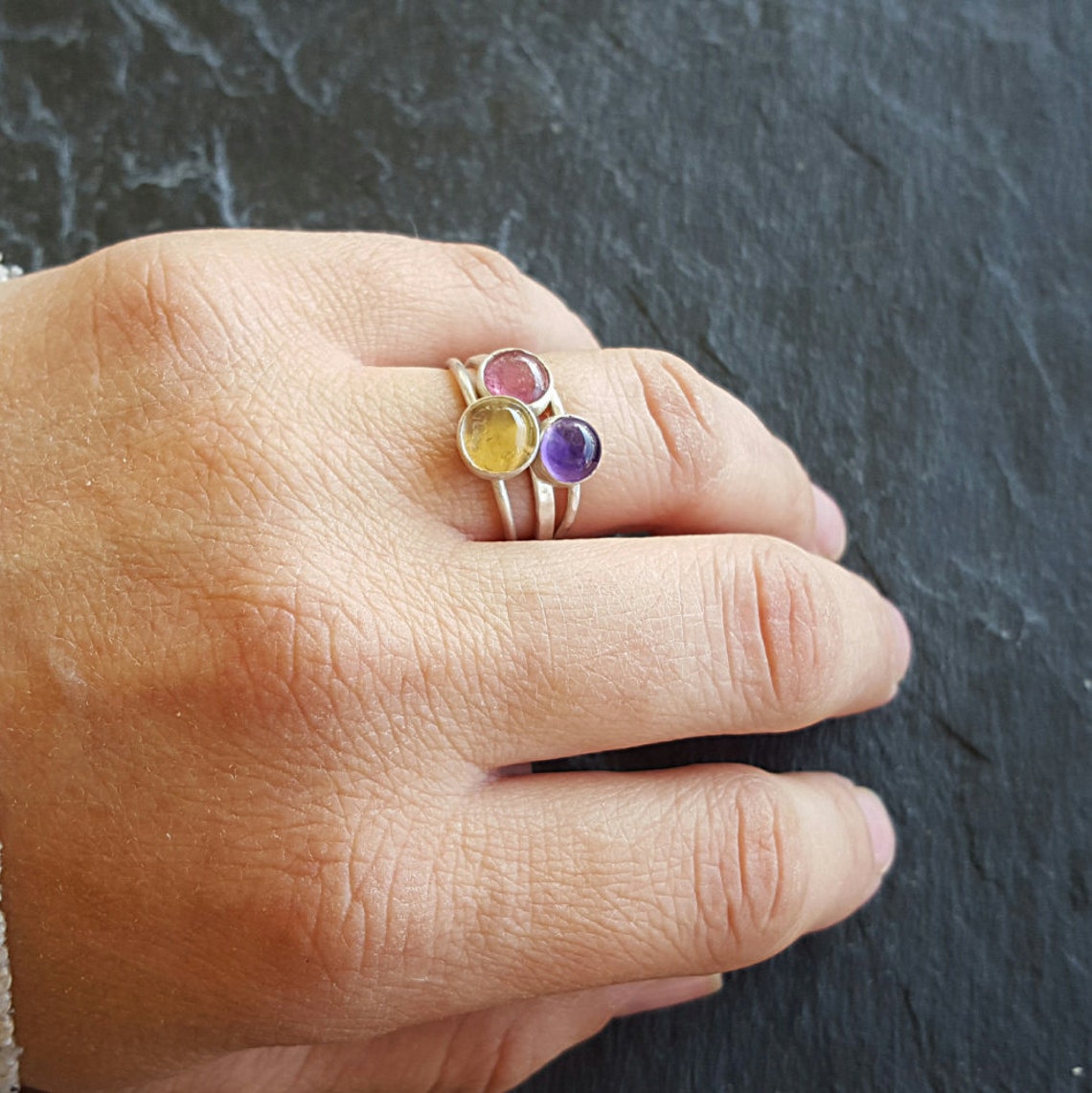 Gemstone Stack Rings Set ,three Gemstone Stack Rings, Silver Stack ...