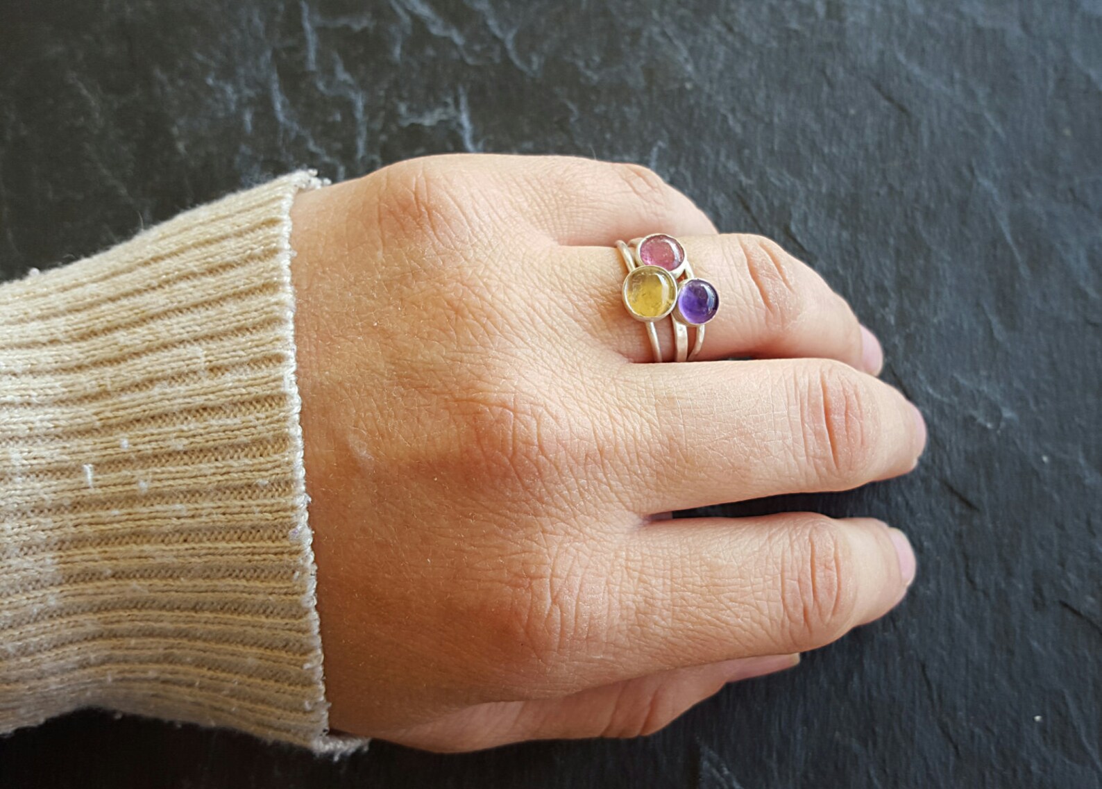 Gemstone Stack Rings Set Three Gemstone Stack Rings Silver Etsy