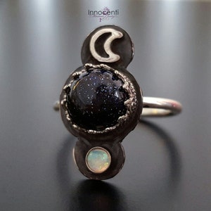 Celestial Ring, Moon Ring, Moon Crescent Ring, Space Ring, Constellation Ring, Blue Goldstone and Opal Ring, Night Sky Ring, Moon Jewelry
