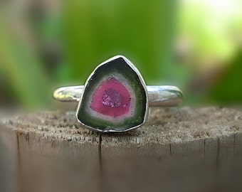 Watermelon Tourmaline Slice Ring, Watermelon Tourmaline Ring, Tourmaline Engagement Ring, Tourmaline Slice Ring, Bi Color Tourmaline