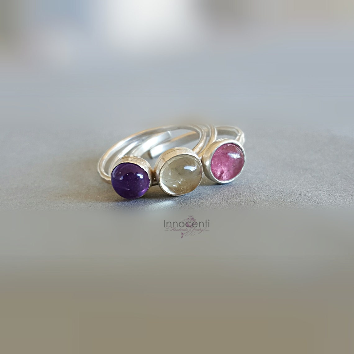 Gemstone Stack Rings Set Three Gemstone Stack Rings Silver Etsy