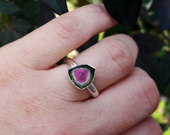 Könnte beinhalten: Ein Silberring mit einem Wassermelonen-Turmalin-Edelstein. Der Edelstein hat ein Farbmuster aus Rosa, Grün und Weiß und ist dreieckig geformt. Der Ring wird an einem Finger gezeigt.