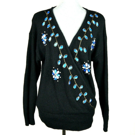 Vintage Black Angora Silk Beaded 80s 90s Womens Medium Cross Front Sweater Shoulder Pads Il_570xn