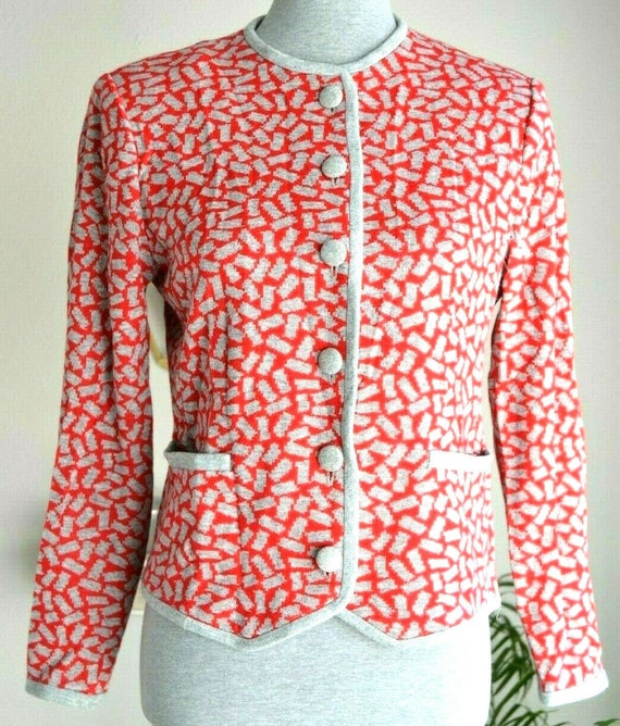 Vintage 60s 70s Henry Lee Womens Sz Medium Red Gray Light Knit Jacket Cardigan Fun Retro Print Il_570xn