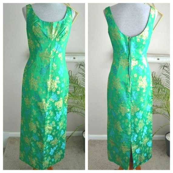 Vintage 60s Green Sleeveless Maxi Evening Cocktail Party Dress Asian Oriental Fabric Size Medium 8 Il_570xn