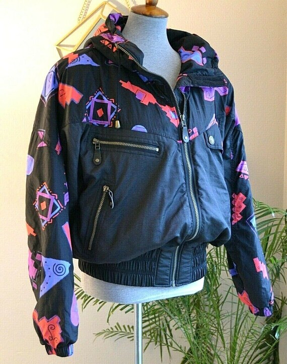 Vintage Nils Skiwear 80s 90s Print Womens Ski Snowboard Jacket Hood Black Neon sz 12 Il_570xn